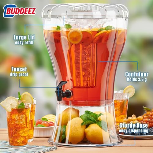 Buddeez Clear Drink 3.5 Gallon Plastic Beverage, Comes with Stand, Spigot, Ice Cone, Large Punch Dispenser for Parties