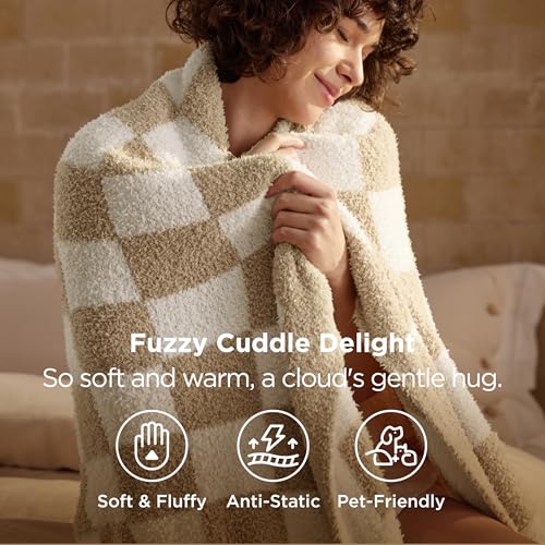 Bedsure Throw Blanket for Couch Bed Sofa - Super Soft, Beige, Checkered Throw Blanket, GentleSoft, Fluffy, Cozy, Santa Gif...