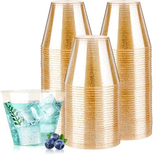 Goodluck 9 oz 100 PCS Gold Glitter Plastic Cups, Disposable Glitter Cups, Elegant Plastic Cocktail Glasses, Fancy Party Cu...