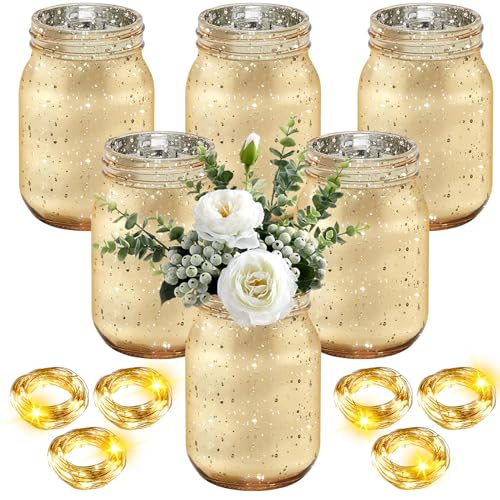 Layhit 6 Pcs Painted Mason Jars Colored Painted Mason Jars Centerpiece for Table with 6 Pcs 9.84 ft 30 LED Operated Fairy ...
