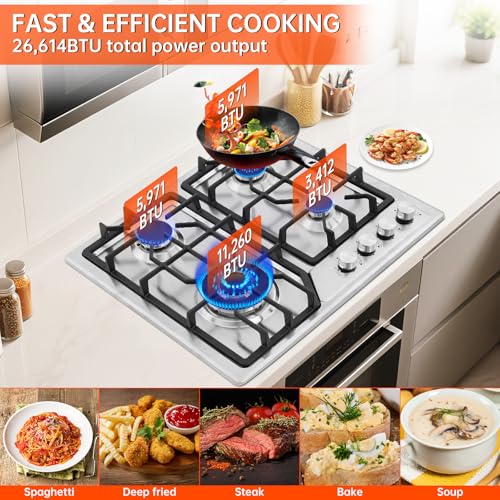 22″x20″ Built in Gas Cooktop 4 Burners Stainless Steel Stove with NG/LPG Conversion Kit Thermocouple Protection and Easy t...