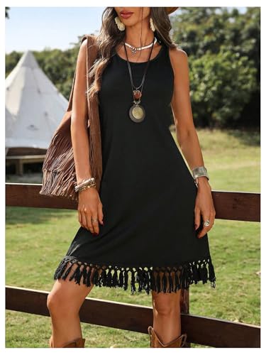 Verdusa Women's Western Fringe Tank Dresses Cowgirl Sleeveless Short Summer Dress