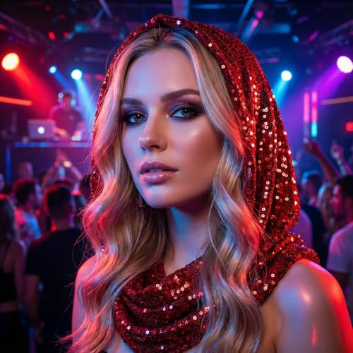 Simlakey Sequin Rave Hood Rave Scarf Outfit Accessories for Women Glitter Hooded for Carnival Parade Concert Costume