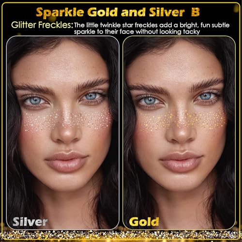 24pcs Gold and Silver Glitter Freckles Face Tattoo, Sparkle Freckles Temporary Face Tattoos, Body Face Glitter Makeup Patc...