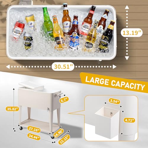 80 Quart Rolling Ice Chest,Portable Bar Drink Cooler,Camping BBQ Ice Chest Cart,Modern Beverage Cooler Cart,with Catch Bas...