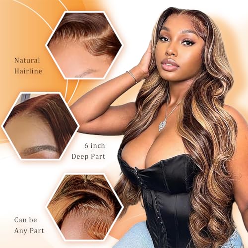13x6 Honey Blonde Body Wave Lace Front Wigs Human Hair Pre Plucked 200% Density 4/27 Ombre Frontal Wigs HD Lace Front Wig Glueless Highlight Wigs for Black Women Human Hair Bleached Knots 20 inch
