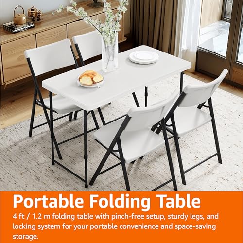 Amazon Basics 4 Foot Rectangular Folding Dining Table, 4 Adjustable Height Settings with Carrying Handle, Indoor & Outdoo...