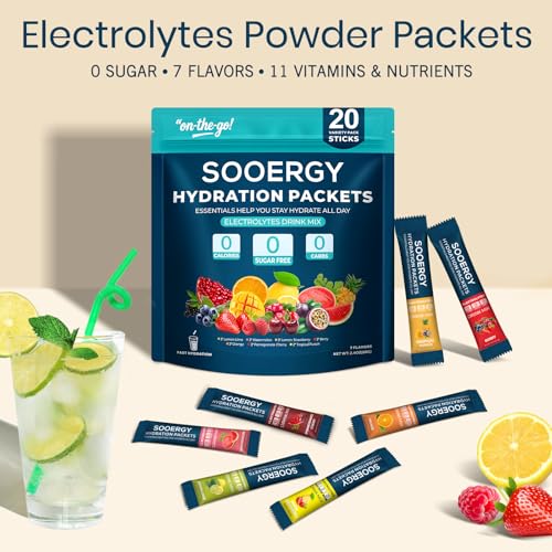 Sooergy Electrolytes Powder Packets Sugar Free Hydration Packets, 7 Flavors Liquid Daily IV Electrolyte Drink Mixes for Re...