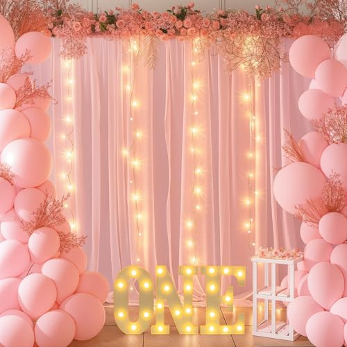 Wish Care 10ft x 10ft Baby Pink Chiffon Backdrop Curtain with Lights String for Parites Wedding Wrinkle Free Curtain Photo...