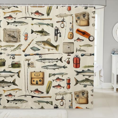 Manfei Fishing Shower Curtains,Rustic Lake House Bass Fish Animal Hunting Bath Curtain,Natural Adventure Fishing Rod Bathr...
