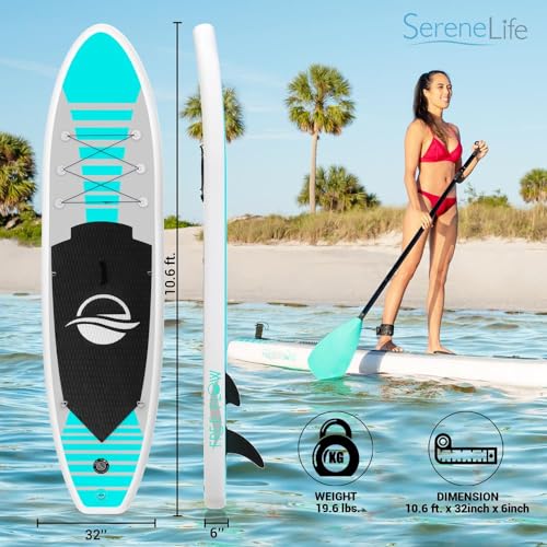 SereneLife Inflatable Stand Up Paddle Board with Premium SUP Accessories – Wide Stable Design with Non-Slip EVA Deck Pad f...