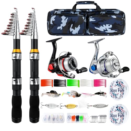 Telescopic Fishing Rod Reel Combo 2PCS 6.89FT Collapsible Fishing Pole Spinning Reel Lures Accessories with Fishing Bag Po...