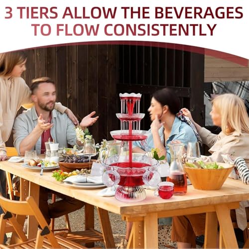 3-Tier Party Fountain Electric Drink Dispenser with LED Lighted Base Light-Up Flow Drink Fountain with 5 Reusable Cups 3L ...