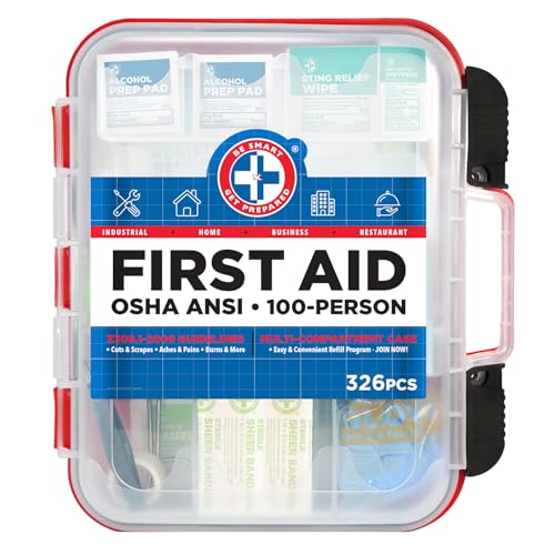 Be Smart Get Prepared First Aid Kit Hard Red Case 326 Pieces Exceeds OSHA and ANSI Guidelines 100 People - Office, Home, C...