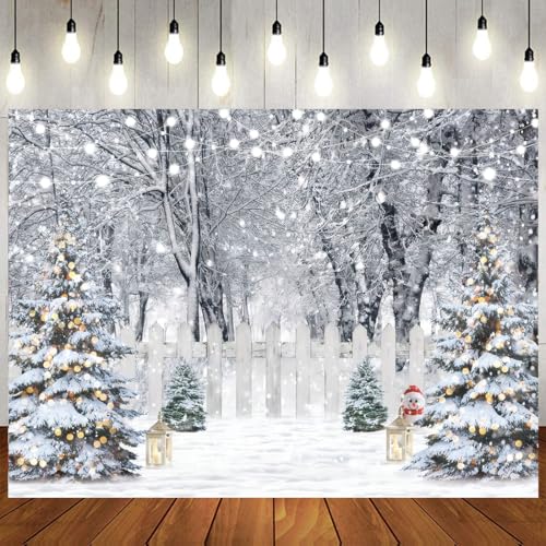 8x6ft Christmas Backdrop Winter Snow Forest White Fence Background Christmas Trees String Lights Lantern Snowman Photograp...