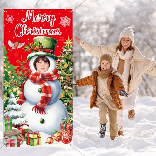 Justforjoyful Christmas Snowman Photo Booth Prop Merry Christmas Party Decoration Xmas Tree Door Banner Fabric Face in Hol...