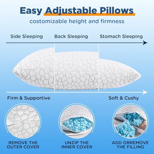 Cooling Bed Pillows for Sleeping 2 Pack Shredded Memory Foam Pillows Standard Size Set of 2, Adjustable Cool Pillow for Si...