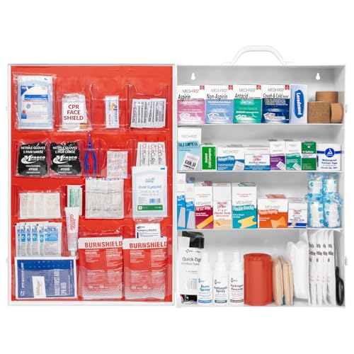 MFASCO Commercial Wall Mount 4 Shelf First Aid Kit - OSHA & ANSI Compliant, Refillable Metal First Aid Cabinet for Busines...