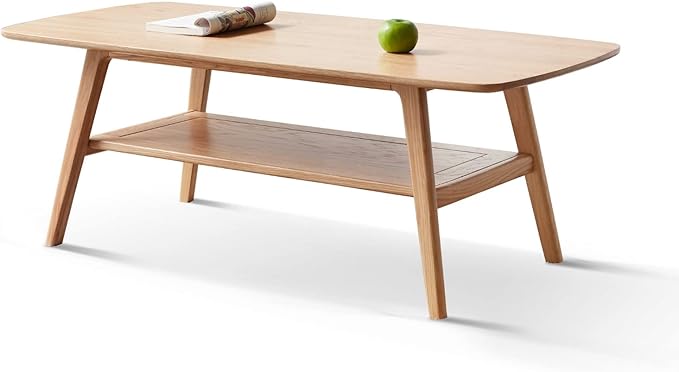 Hymus Coffee Table - 100% Solid Oak Wood- 2-Tier Coffee Table with Storage for Living Room, Eco-Friendly Finish, Easy Assembly (Natural, 39.37" D x 19.69" W x 17.32" H)