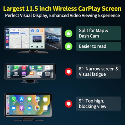 Largest 11.5 inch Wireless CarPlay Screen for Car, A-pple CarPlay & Android Auto HD Touchscreen with 4K Dash Cam/1080P Bac...