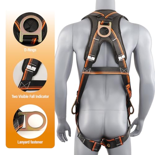 QFU Full Body Safety Harness & Fall Protection Kit with Padded Straps, ANSI Compliant, Includes Shock-Absorbing Lanyard fo...