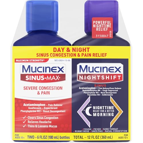 Mucinex Maximum Strength Sinus-Max Severe Congestion & Pain + Nightshift Sinus Liquid, Cold and Flu Medicine for Adults, Over-The-Counter Medication for Multi-Symptom Relief, 2x6 Fl Oz