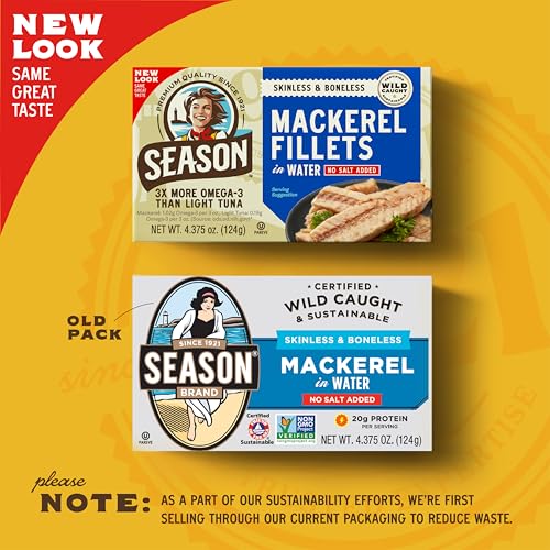 Season Mackerel in Water - Skinless & Boneless, No Salt Added, Wild Caught, Keto Snacks, Canned Mackerel Fillets, Full of ...
