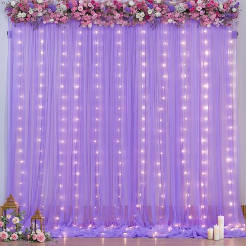 5x8ft (2 pieces) Lavender Tulle Backdrop Curtains with Lights for Party Wedding Baby Shower, Sheer Drape Backdrop Curtains...