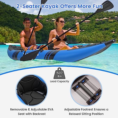 Goplus Inflatable Kayak, 2-Person Kayak Set for Adults with 507 LBS Weight Capacity, 2 Aluminium Oars, EVA Padded Seat, 2 ...