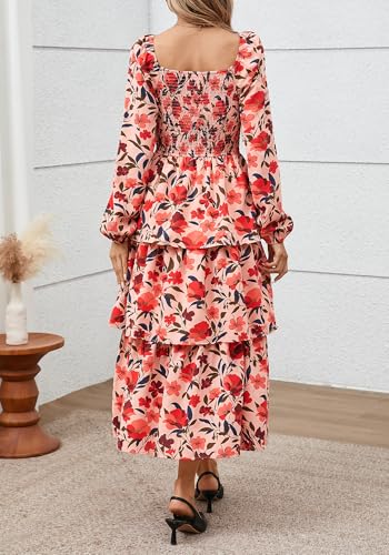 BTFBM Spring Dresses for Women 2026 Floral Long Sleeve Smocked Square Neck Ruffle Tiered Flowy Party Wedding Guest Dress