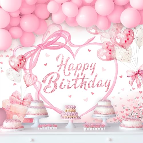 NEWsely Pink Bow Birthday Party Decorations Backdrop 7Wx5H Photography Coquette Birthday Decorations for Girl Happy Birthd...