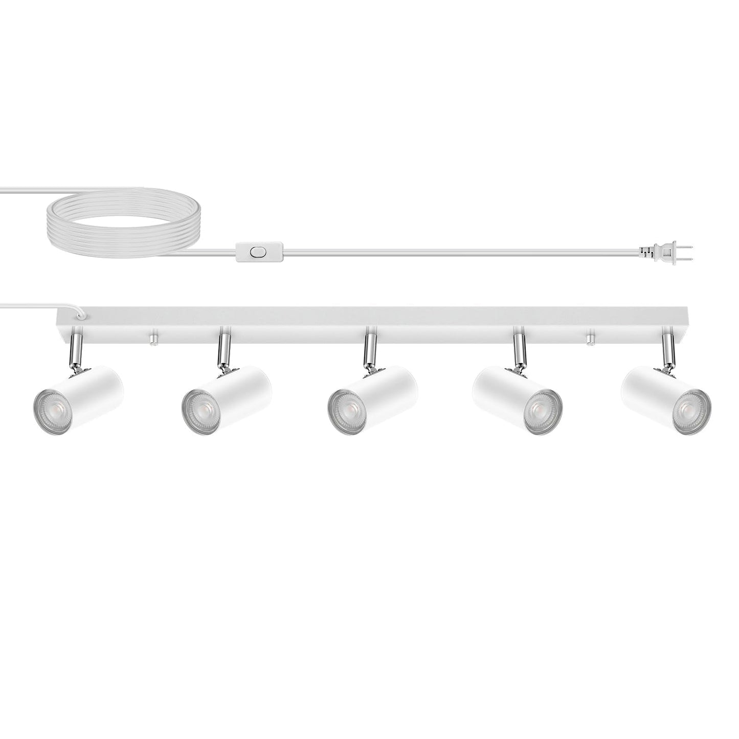 AUQUEE 5 Light Track Lighting Kit,White 5 Way Modern Plug in Ceiling Spotlight,Industrial LED Wall Light for Kitchen Cabinet Gallery Bar Hallway Living Room,Rocker Switch,15 Foot Cord(No Bulb)