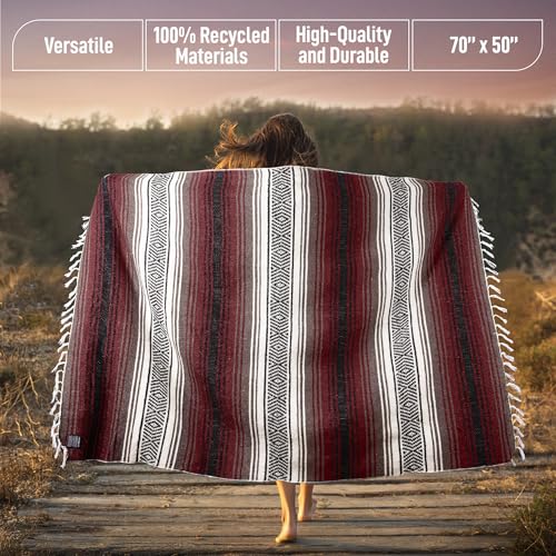 Mexican Blanket (Authentic Handmade Falsa) - Durable, Lightweight Baja Indian Blanket for Yoga, Beach, Camping, Picnic, Ca...