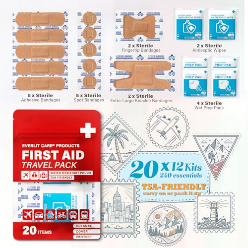EVERLIT CARE Travel Bandage Pack | 12 Individual Packets, Bulk Portable Mini First Aid Kit with 20 On-The-Go Essentials | ...