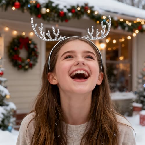 HIFANMM Christmas Headband Metal Deer Antler Hair Band for Women Girls, Shiny Rhinestone Headbands Winter Silver Reindeer ...