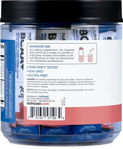 Nutricost BCAA+ Hydration Raspberry Lemonade (20 Stickpacks) - Branched Chain Amino Acids with Hydration Complex - Gluten-...