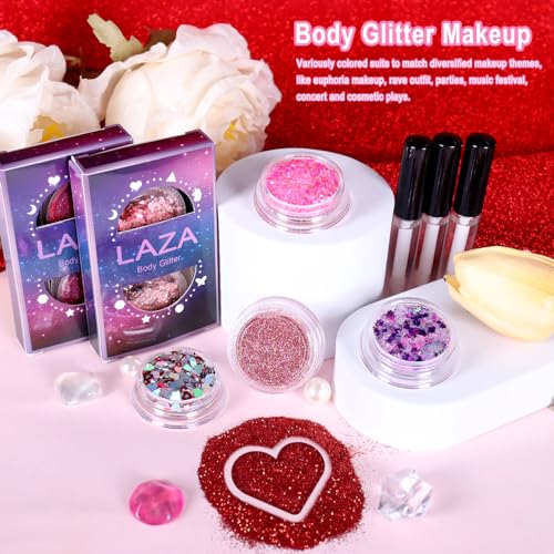 Laza 2 Jars Body Glitter for Valentine’s Day Hair Accessories Heart Glitter Chunky Sequins with Glitter Glue for Women Eye...