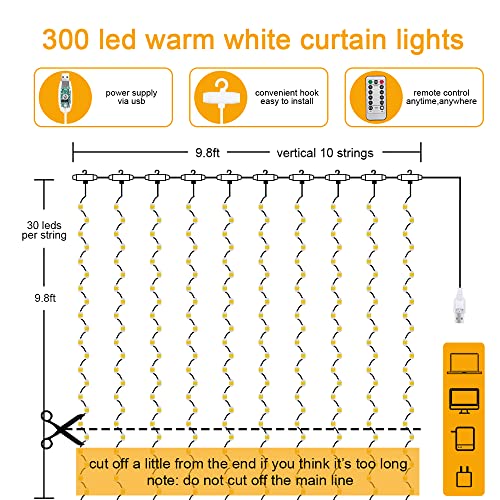 AOMIG Fairy Curtain Lights,300 LED Warm White Window Curtain String Light,8 Modes 9.8×9.8Ft Waterproof Curtain String Ligh...