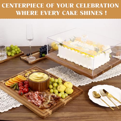 Krbnk 17" Acacia Wood Cake Stand with Lid, 2-in-1 Rectangular Charcuterie Board & Dessert Display, Shatterproof Acrylic Ca...