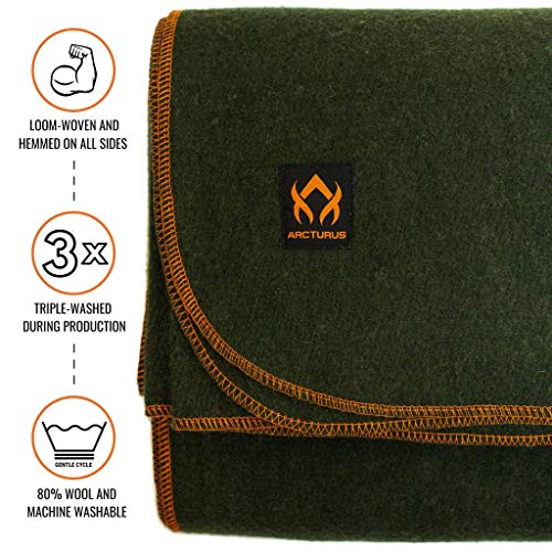 Arcturus Military Wool Blanket - Warm, Thick, Washable - Great for Outdoors, Camping, Stadium Blanket, Picnics, Travel - C...