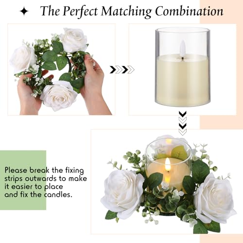 Yunlly 12 Pcs Valentine Candle Rings Wreaths 3 Inch Wedding Centerpiece LED Flameless Candles Rose Eucalyptus Rings for Ta...