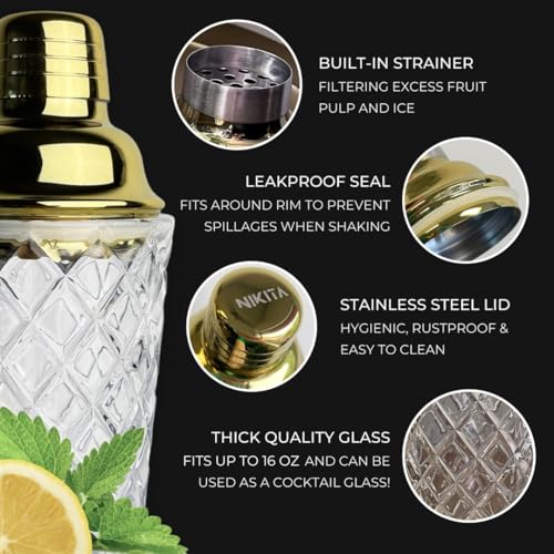 Glass Cocktail Shaker Set - 5 Piece - Gold Martini Shaker Set with Strainer, Jigger, Spoon & Muddler - 16 oz Drink Shakers...