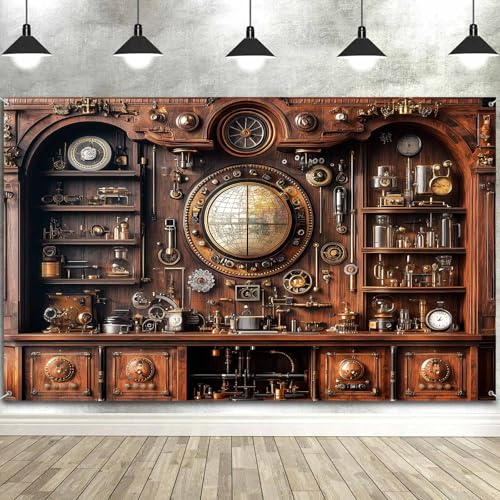 Antique Vintage Steampunk Backdrop, Abstract Industrial Old Metal Gear Clock Photography Background, Retro Steam Punk Mech...