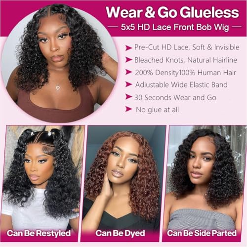 Curly Bob Wig Human Hair Water Wave Glueless Wigs Human Hair Pre Plucked Pre Cut 5x5 HD Lace Closure Wigs Human Hair Wear and Go Glueless Wigs For Black Women Water Wave Bob Wig Human Hair 12 inch