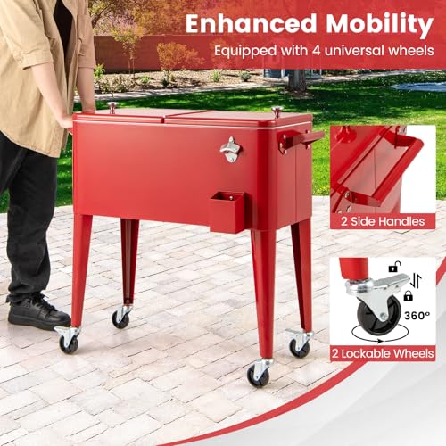 Goplus 80-Quart Rolling Ice Chest, Outdoor Cooler Cart with Wheels, Side Handles, Bottle Opener & Cap Catcher, Portable In...