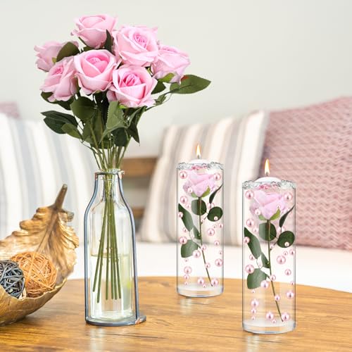 Riceshoot 326 Pcs Floating Flowers Vase Fillers Kit 12 Artificial Rose 12 Floating Candle Centerpieces 300 Pearl 2 Bags Wa...
