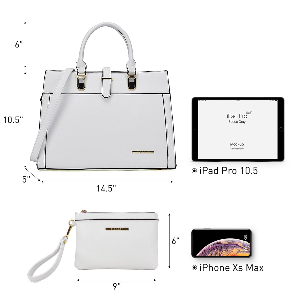 Women's Handbag Flap-over Belt Shoulder Bag Top Handle Tote Satchel Purse Work Bag w/Matching Wristlet (White)