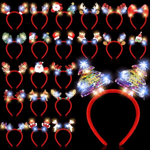 Jexine 24 Pcs Christmas Light up Headbands LED Christmas Headbands with Different Designs Reindeer Antler Santa Hat Tree X...