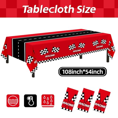 Childom 3Pcs Racing Car Plastic Tablecloth, Race Birthday Party Decorations, 54'' x 108'' Checkered Table Cloth Decor, Fav...