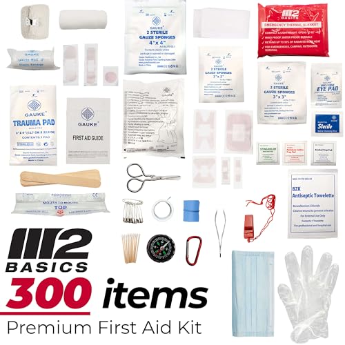 M2 BASICS Premium First Aid Kit, 300 Pieces, 40 Unique Items, All Purpose Kit for Home, Car, Business, Travel & Vehicle
